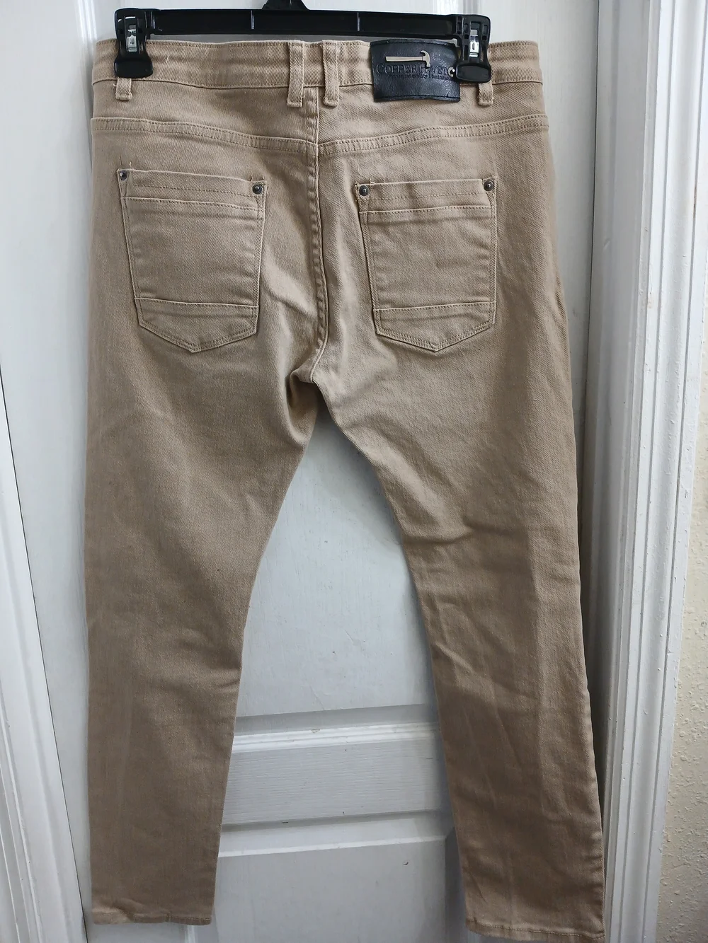 98% Cotton Copper Rivet Men's Slim Fit Distressed Ripped Moto Jeans Tan 34x30